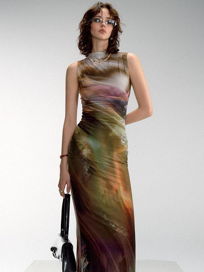 OfAkiva High Waist Mesh Poppy Print Chinese Inspired A Line Womens Maxi Dresses