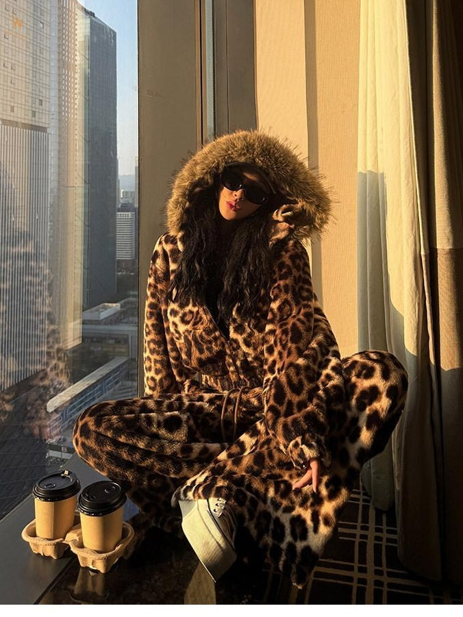 ZERO Fleece Lined Warm Loose Hooded Zipper Women Leopard Print Top & Pants Sets