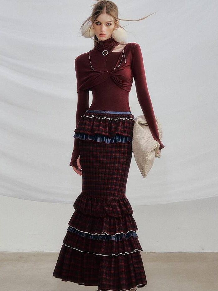 OfAkiva Pleated High Waist A Line Slim Fit City Commuter Women Plaid Maxi Skirts