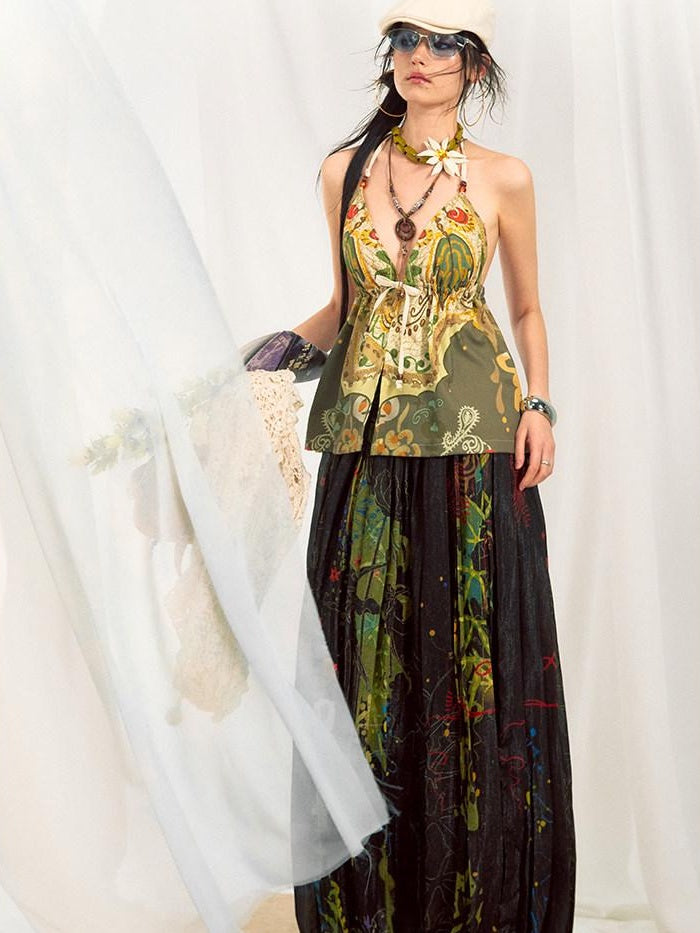 OfAkiva Dark Gothic Floral Embroidered Lantern Natural Waist Casual Women Wide Leg Pants
