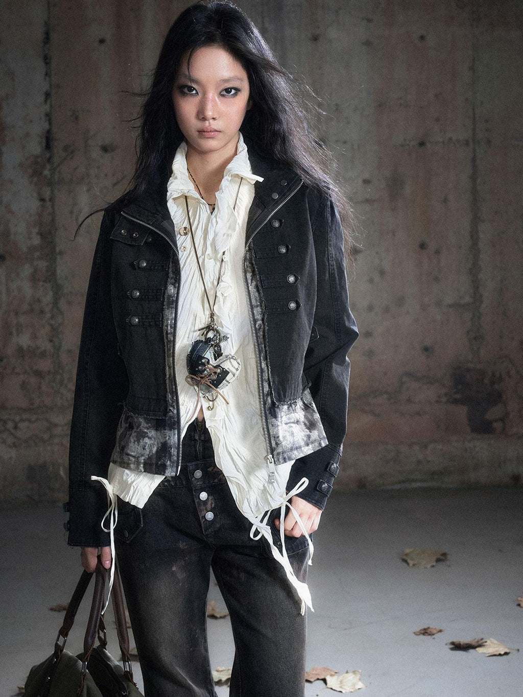 Cest Nous Frayed Punk Stand Collar Camo Cotton Button Long Sleeve Women Croppedjackets