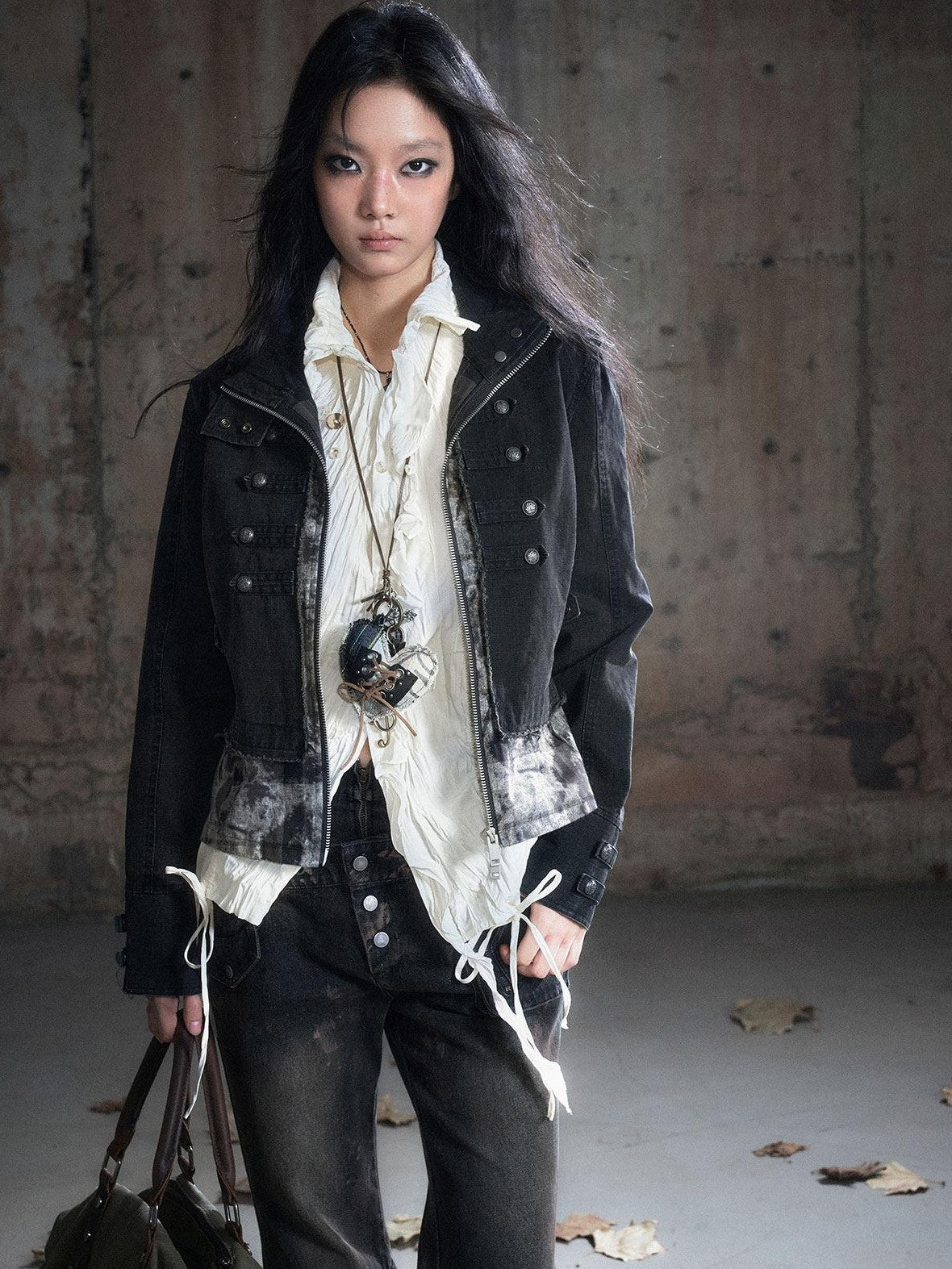 Cest Nous Frayed Punk Stand Collar Camo Cotton Button Long Sleeve Women Croppedjackets
