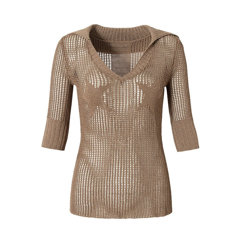 NO_ROMANCE_Star_Cutout_V-neck_One_Shoulder_Two_Way_Women'S_Knit_Short_Sleeve_T-Shirts_MISSTT