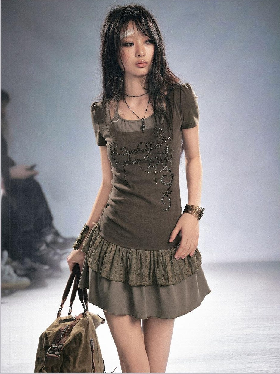 Cest Nous Rhinestone Patchwork Faux Two Piece Short Sleeve Women Sage Green Minidresses