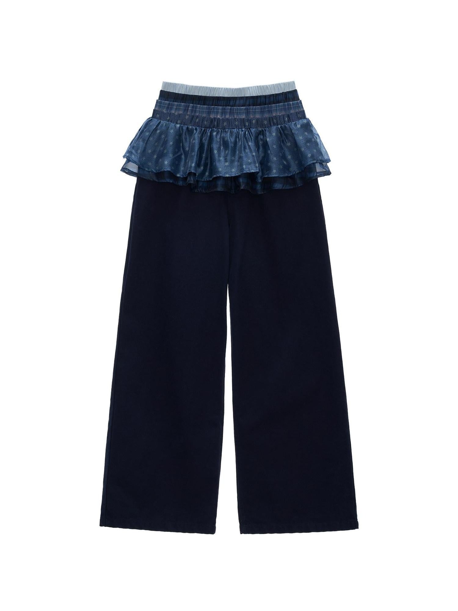 MAMC 100% Cotton Patchwork Relaxed Natural Waist Casual Womens Blue Wide Leg Pants