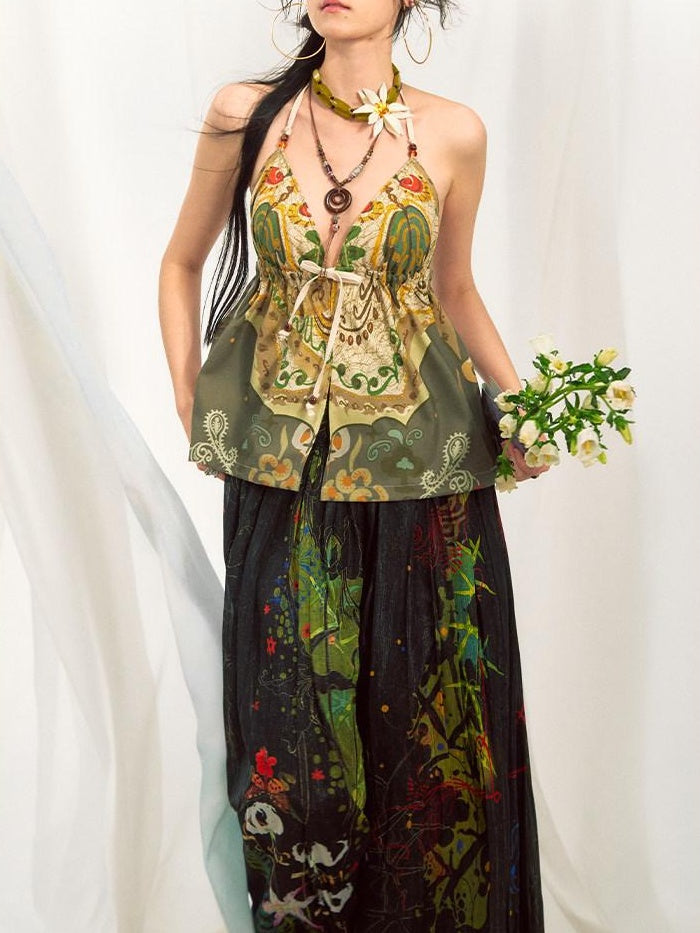 OfAkiva Floral Print Slim V-neck Tie Front Short Women Green Beige Halter Crop Tops