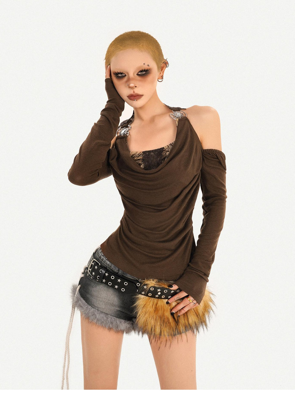 Nico Molly Sexy Backless Bardot Flared Sleeve Coffee Brown Leather Long Sleeve T-Shirts