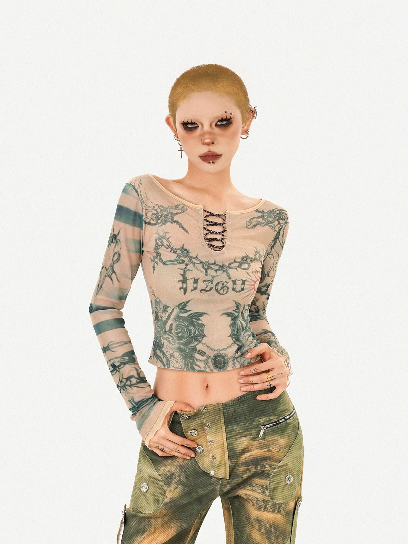Nico Molly Vintage Tie Dye Floral Mesh Slim Fit Crew Neck Women Long Sleeve Crop Tops