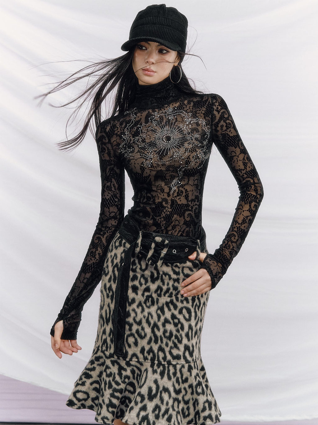 OfAkiva Sparkling Sequin Slim Fit High Neck Mandala Sexy Women Long Sleeve T-Shirts