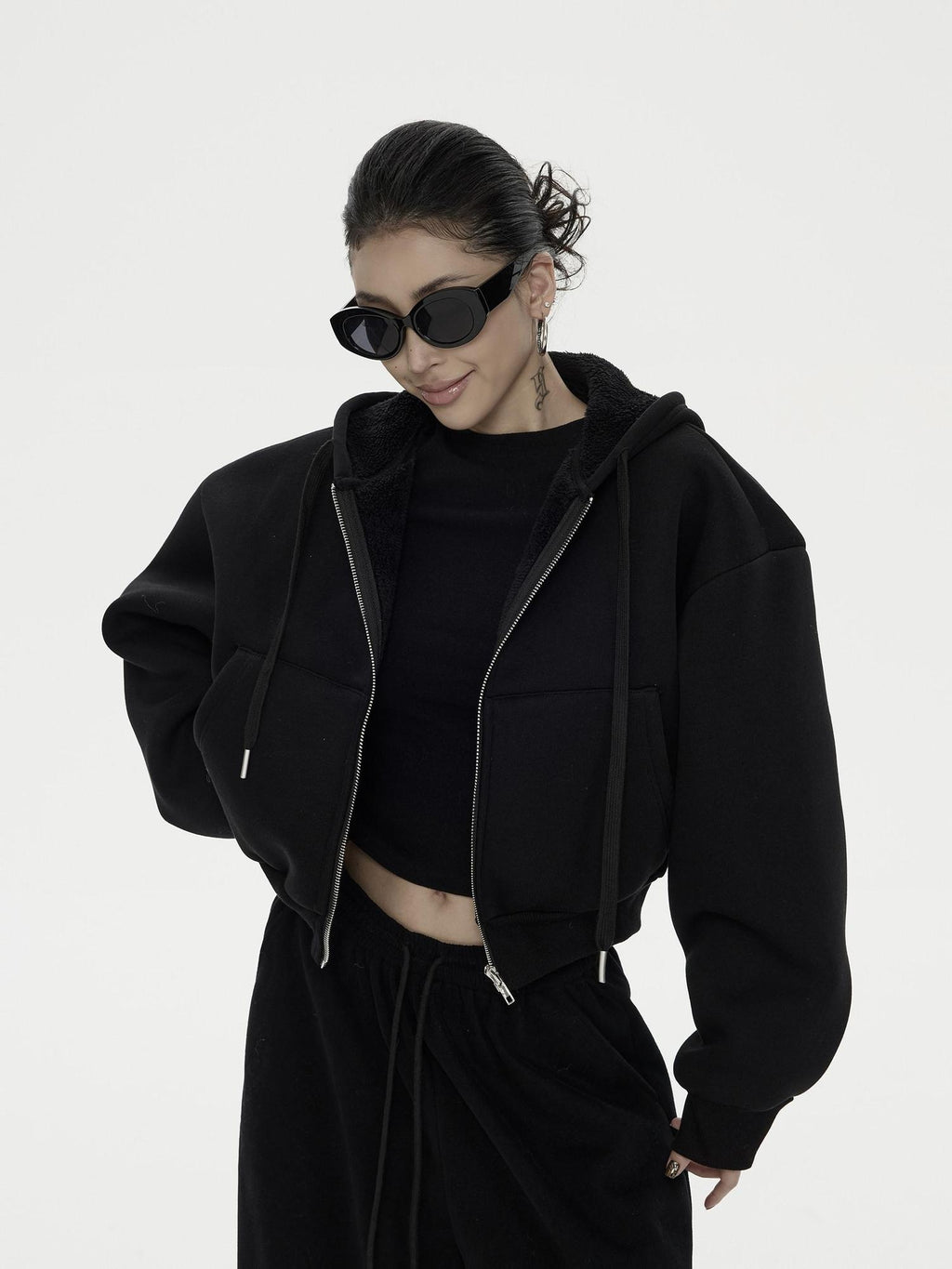 ZERO 3 Piece Casual Cropped Long Sleeve Women Black Coffee Top & Pants Sets