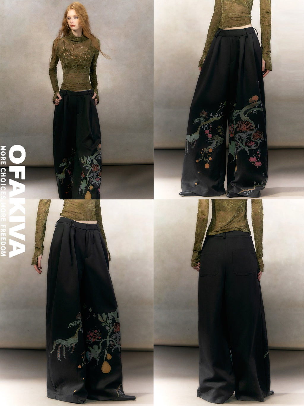 OfAkiva High Waist Floral Print Casual Straight Zipper Fly Women Black Wide Leg Pants