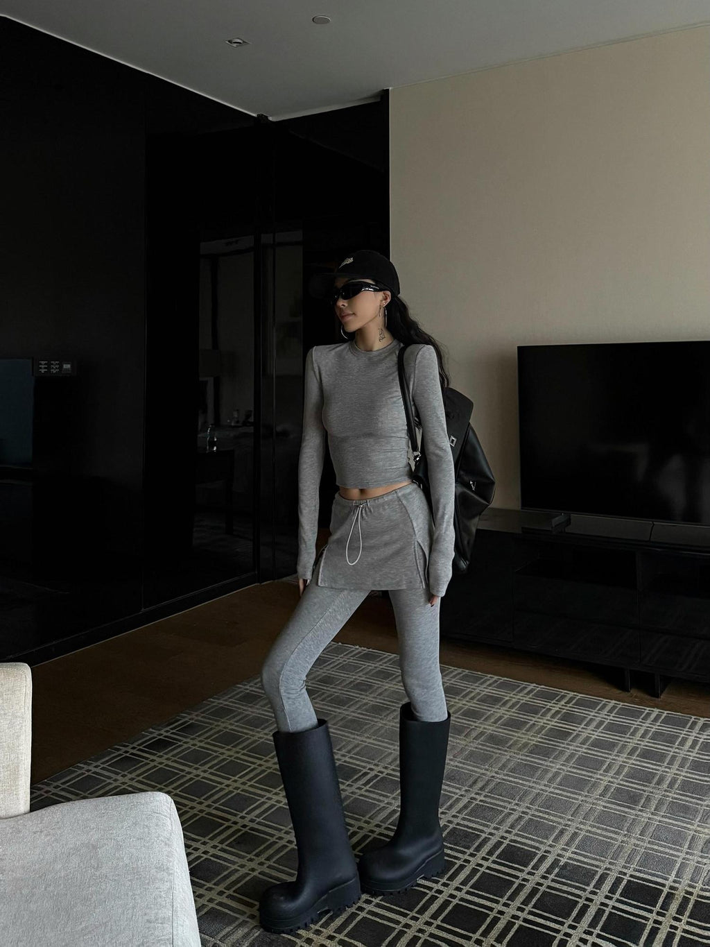 ZERO Slim Fit Crop Long Sleeve Viscose Top Mid Rise Pants Gray Women Top & Pants Sets