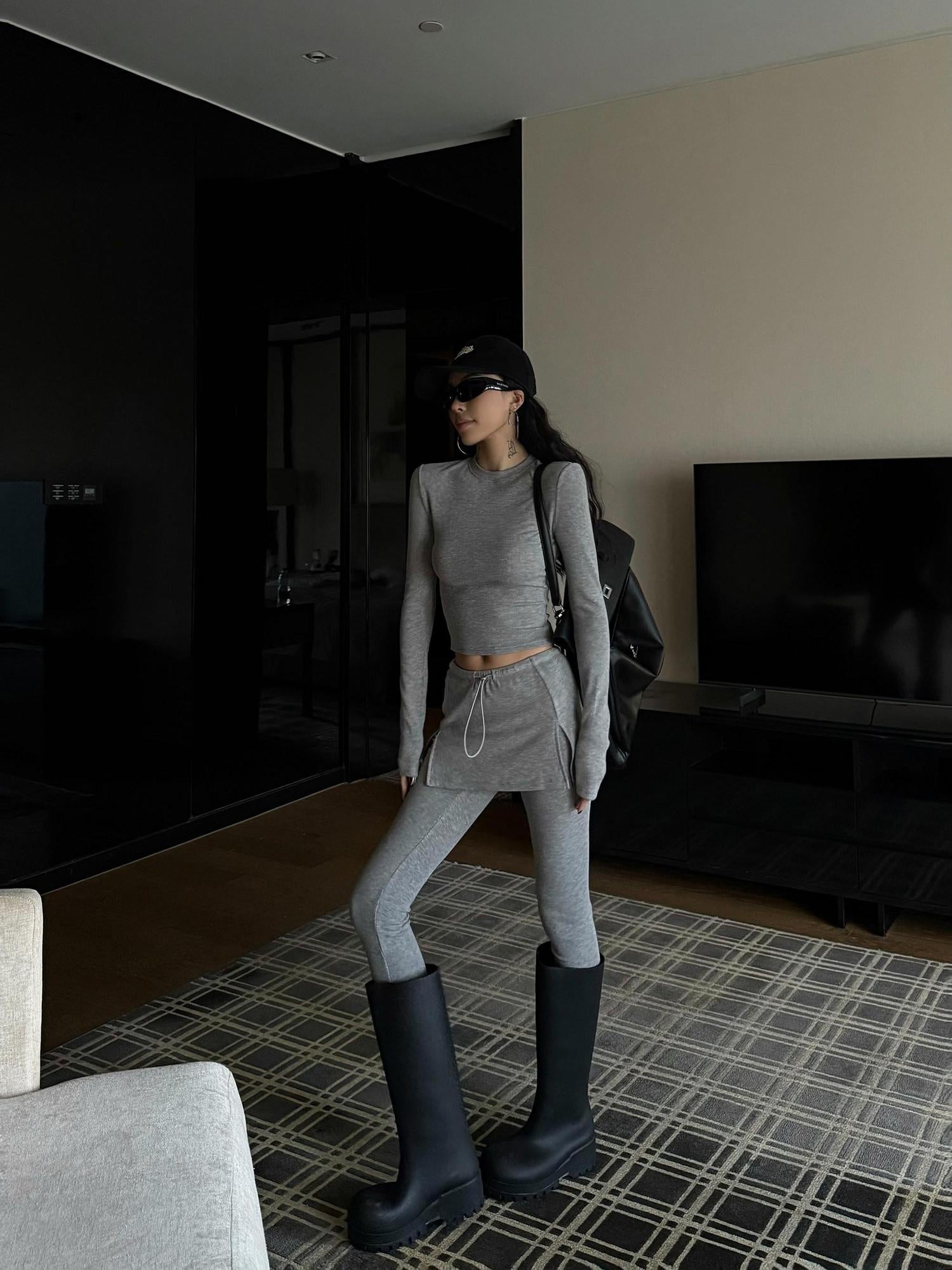ZERO Slim Fit Crop Long Sleeve Viscose Top Mid Rise Pants Gray Women Top & Pants Sets