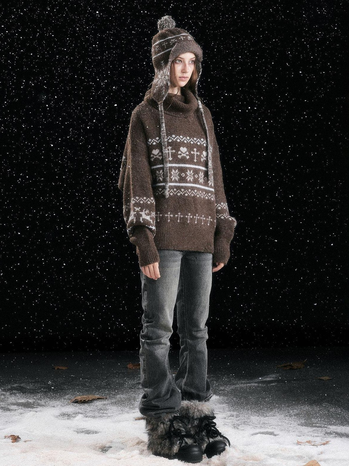 Cest Nous Cozy Striped Knitted Wool Earflap Casual Youth Women One Size Brown Beanies
