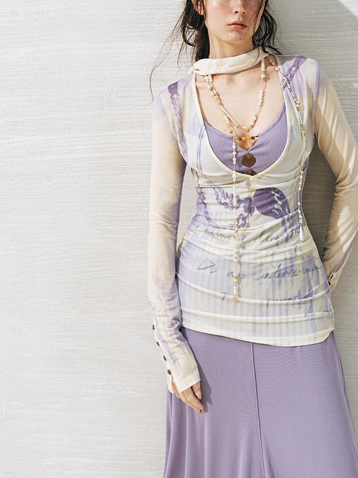 OfAkiva High Waist Cutout Printed A Line Long Sleeve Office Women Top & Skirt Sets