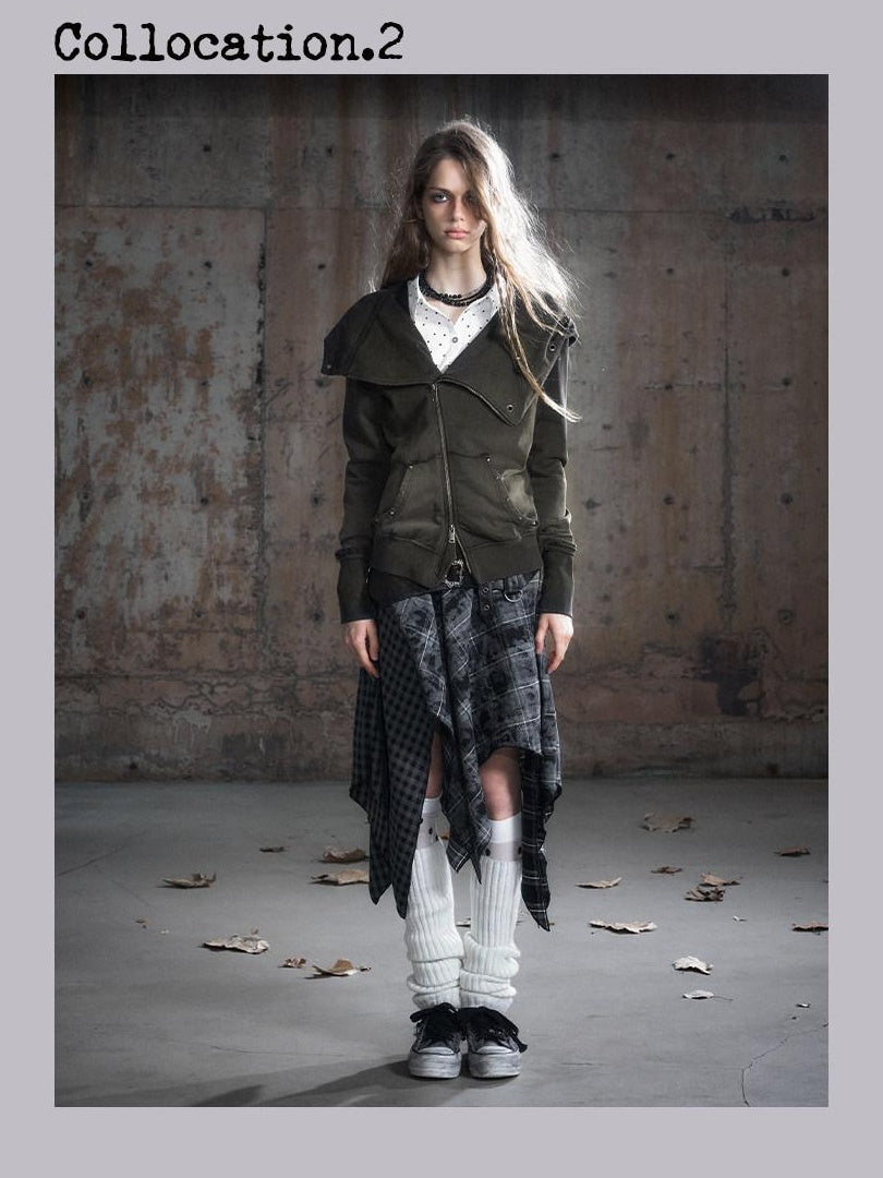 Cest Nous Pu Patchwork Punk Asymmetric Low Waist Youth Daily Wear Cotton Blend Midiskirts