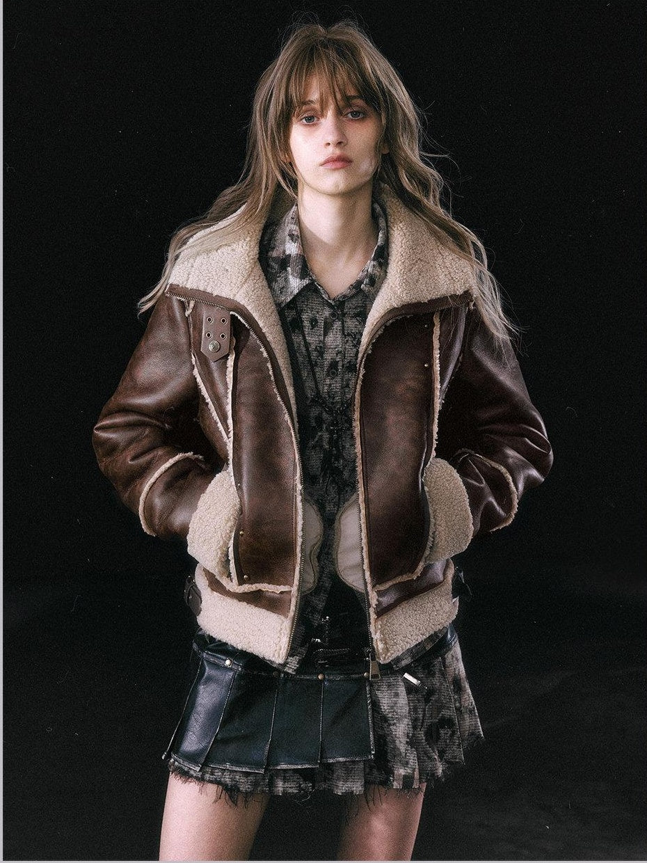 Cest Nous Thick Fleece Lined Street Straight Fit Patch Zipfront Brown Pu Leatherjackets