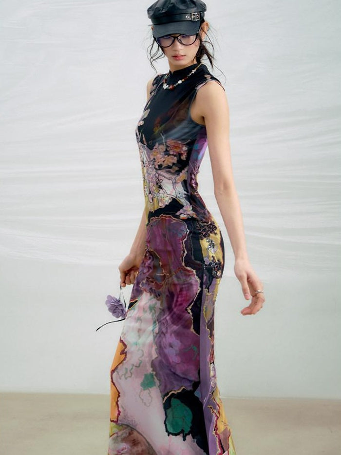 OfAkiva High Waist Floral New Chinese Style A Line Qipao Womens Tricolor Maxi Dresses