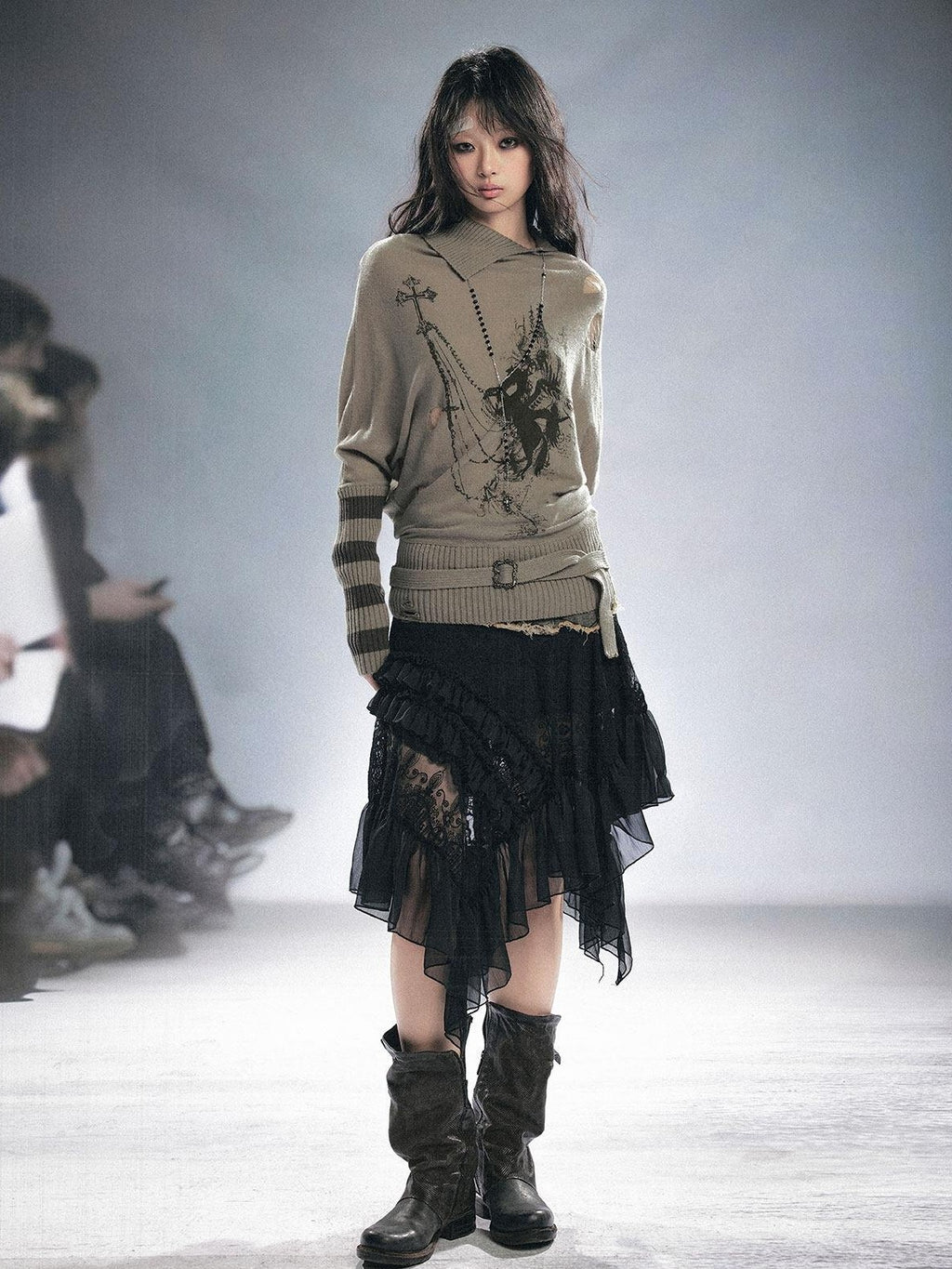 Cest Nous Cozy Wool Blend Punk Batwing Sleeve Regular Fit Women Striped Character Knitwear