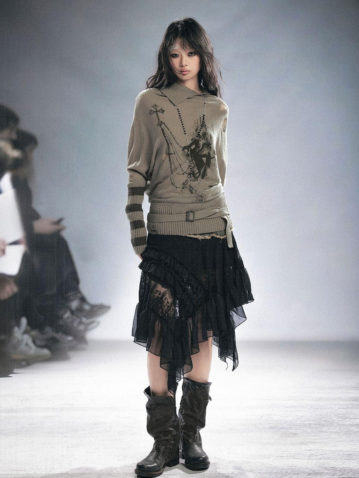 Cest Nous Cozy Wool Blend Punk Batwing Sleeve Regular Fit Women Striped Character Knitwear
