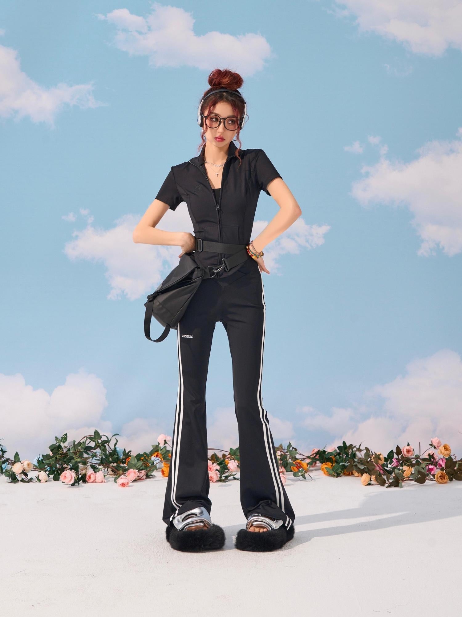 ZERO Stretch Knit Street Sporty Wide Leg Women Black Striped Nylon Flared Pants