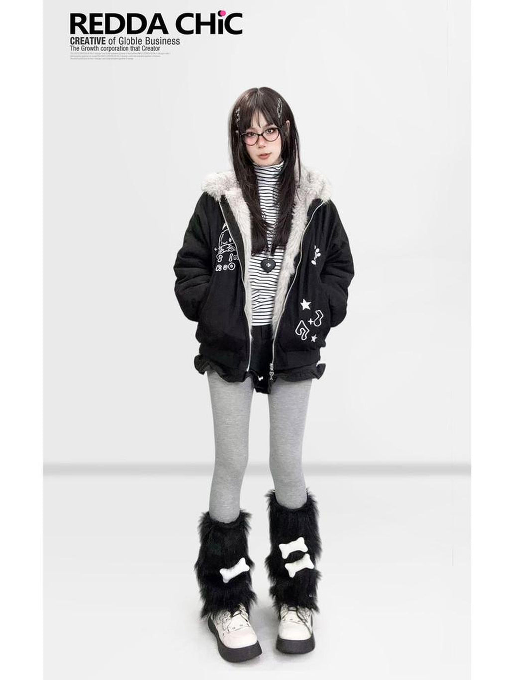 REDDACHIC Black White Stripe Gothic Half Collar Women'S Fleece Long Sleeve T-Shirts
