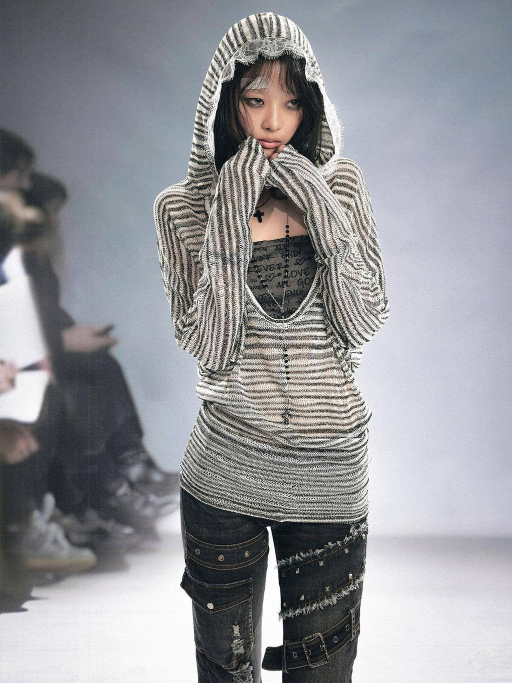 Cest Nous Oversized Punk Letter Print Batwing Hooded Pullover Women Polyester Hoodie
