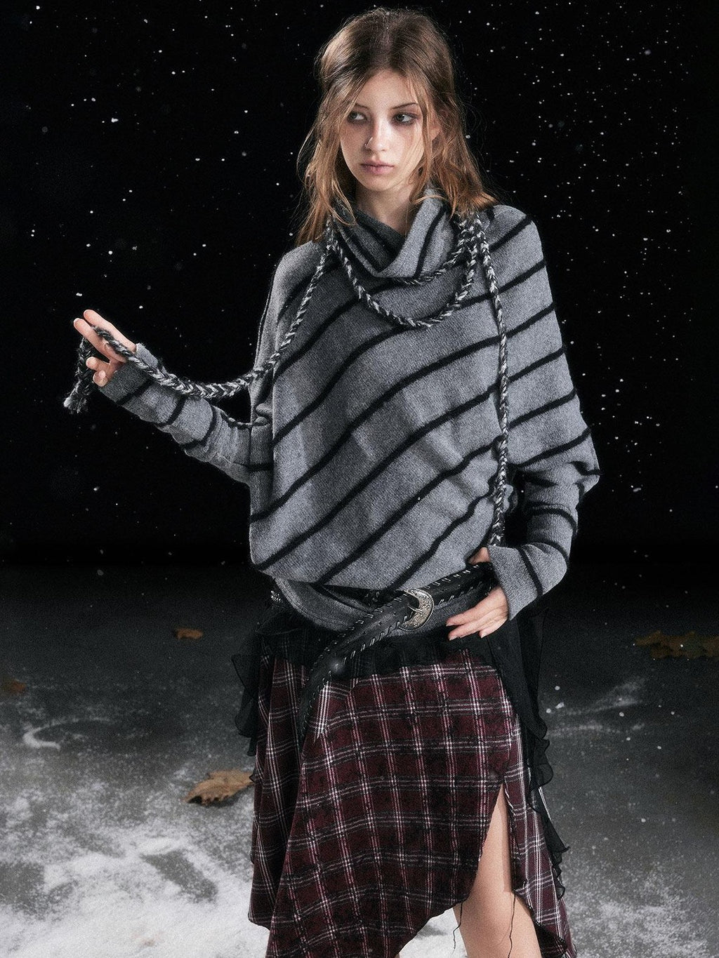 Cest Nous Cozy Thick Street Oversized Batwing Turtleneck Tie Front Women Striped Sweaters