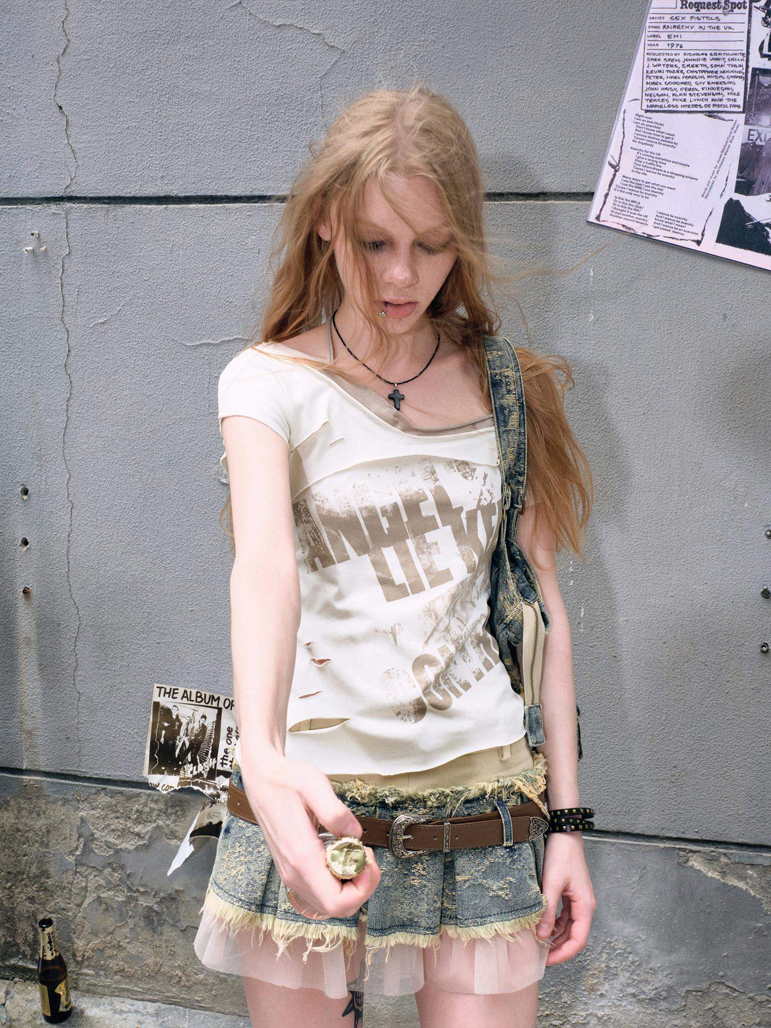 Cest Nous Soft Cotton Blend V-neck Punk Short Sleeve Women Beige Sage Offshouldercroptops