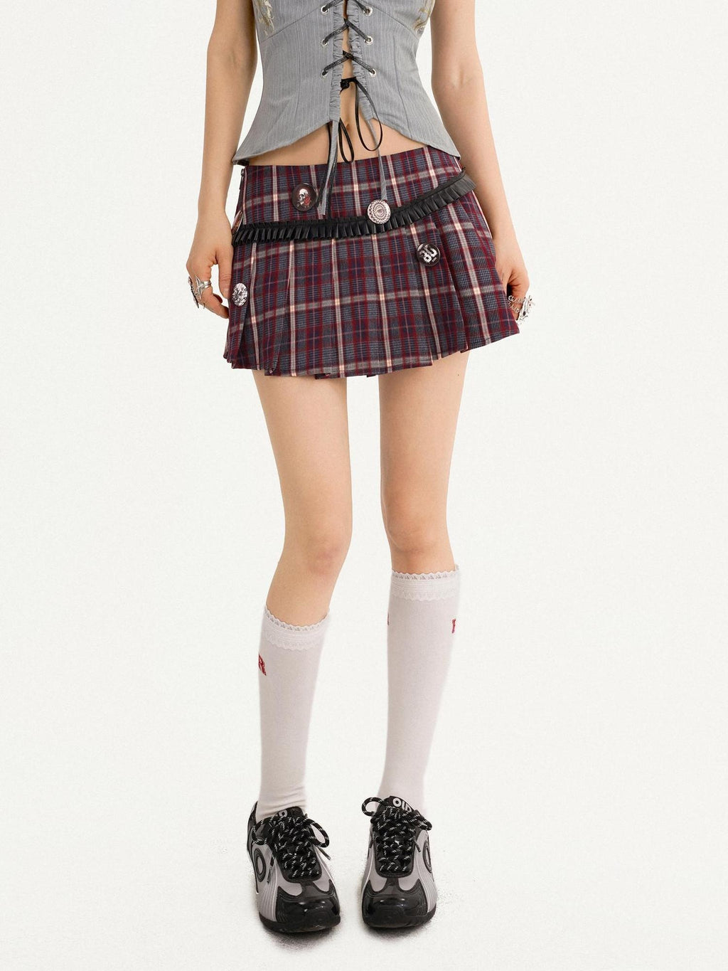 Nico Molly Lined Burgundy Pleated Low Waist Slim Fit Women Schoolgirl Chic Mini Skirts