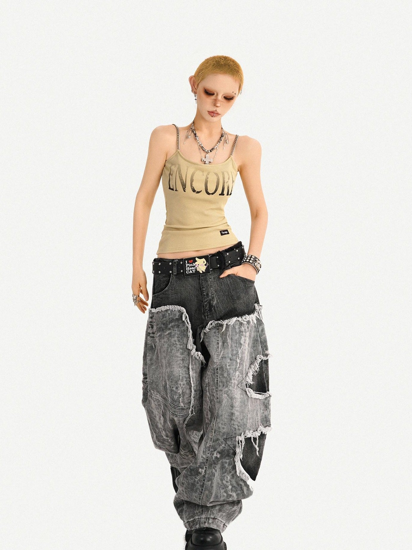 Nico Molly Loose U Neck Printed Short Non Padded Women Layering Khaki Black Camisoles