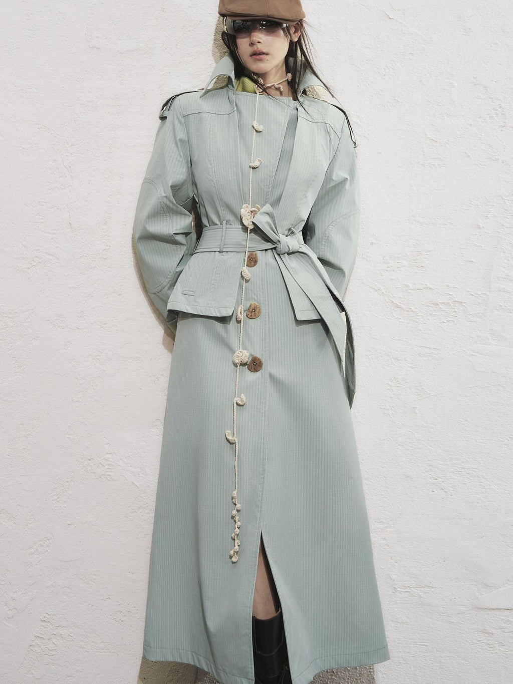 OfAkiva Faux Two Piece Long Stand Collar Straight Office Women Trench Coats