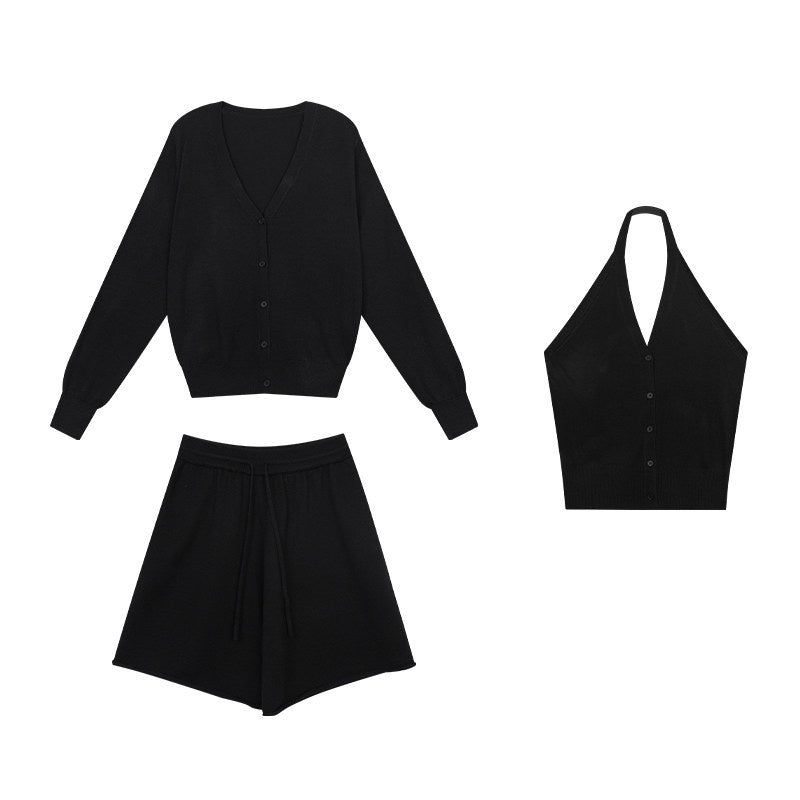 ZERO_High_Stretch_Knitted_V-neck_Cardigan_Loose_Fit_3_Piece_Women_Top_&_Shorts_Sets_MISSTT