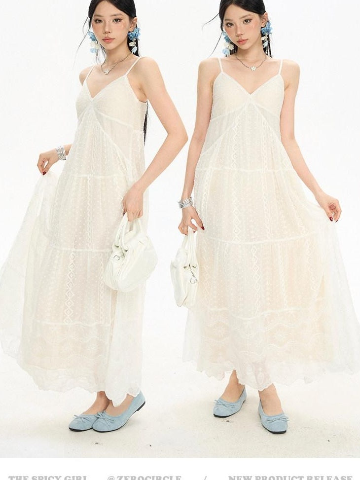 ZERO Sweet Spaghetti Strap V-neck Panel A Line Casual Polyester Maxi Dresses