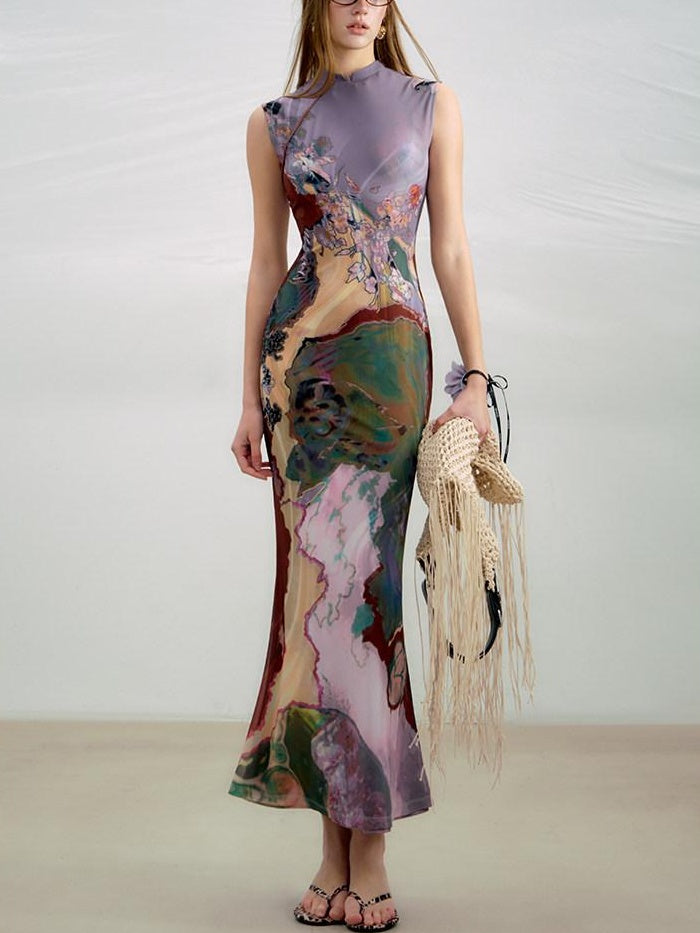OfAkiva High Waist Floral New Chinese Style A Line Qipao Womens Tricolor Maxi Dresses