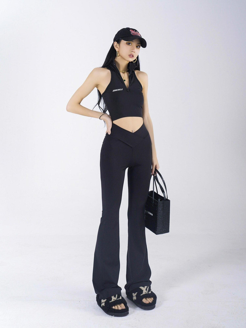 ZERO Comfort Stretch Knit Natural Waist Micro Flare Women Black Nylon Flared Pants