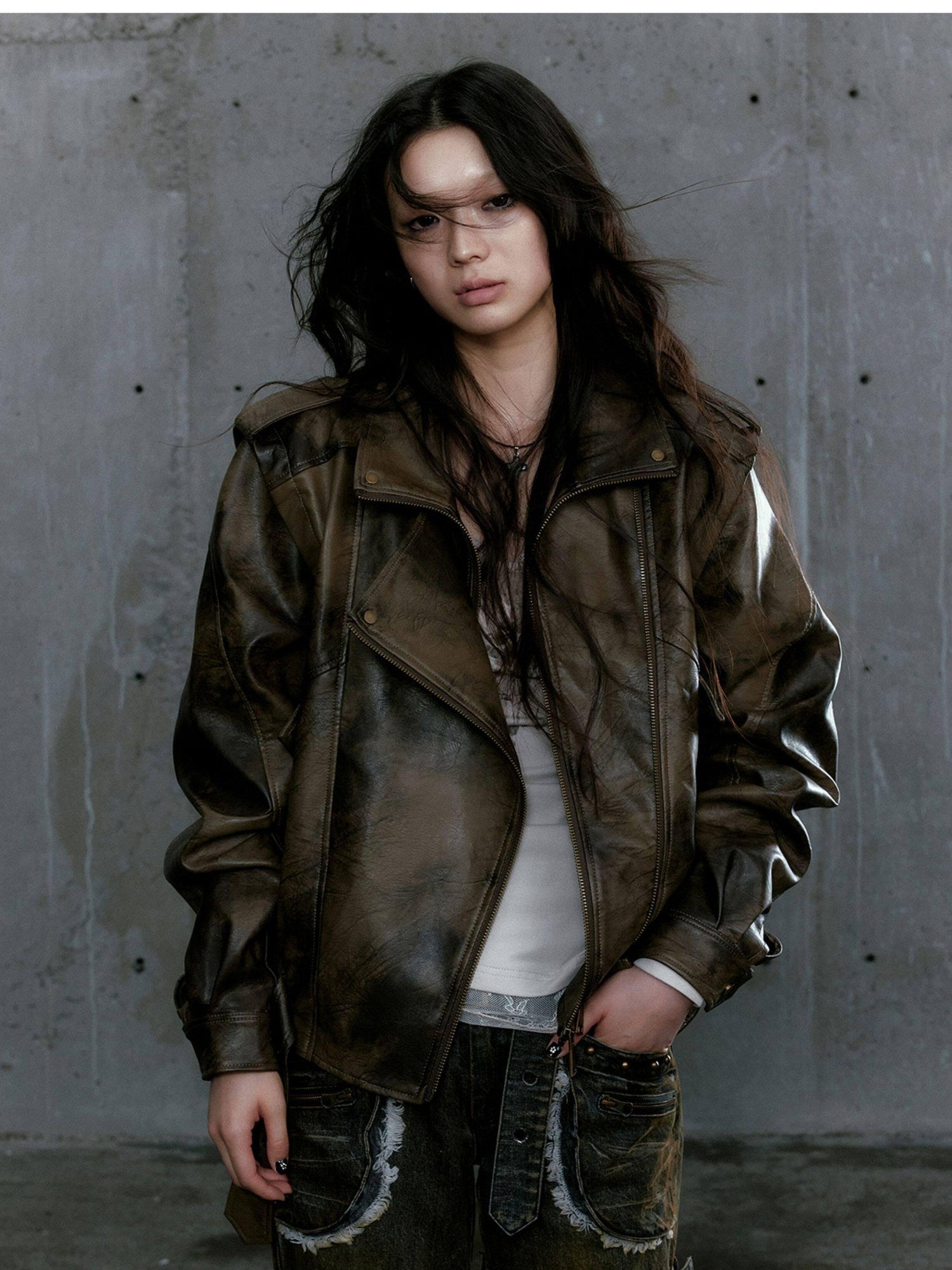 Cest Nous Washed Pu Leather Zipper Loose Fit Street Youth Black Brown Bomberjackets