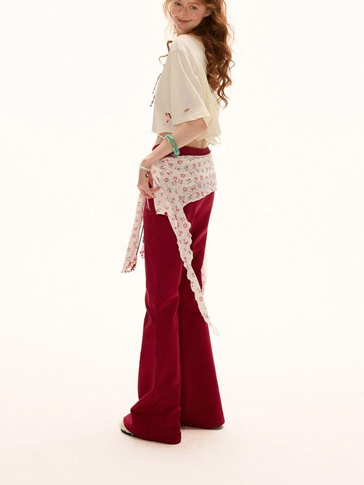MAMC Slim Cotton Low Rise Drawstring Womens Minimal Red Micro Flare Flared Pants