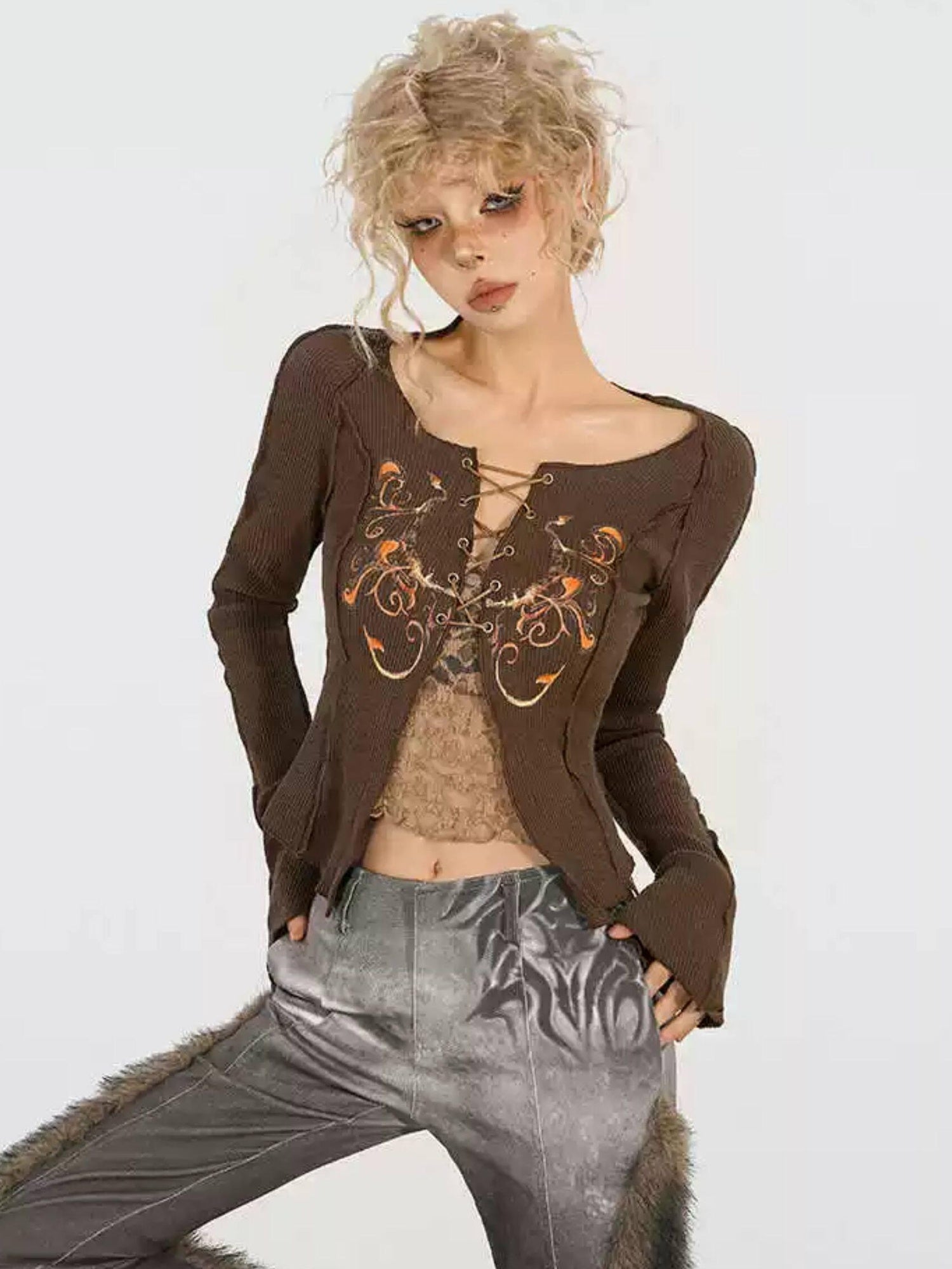 Nico Molly Butterfly Knit Slim Low Waist Tie Boatneck Women Brown Jackets