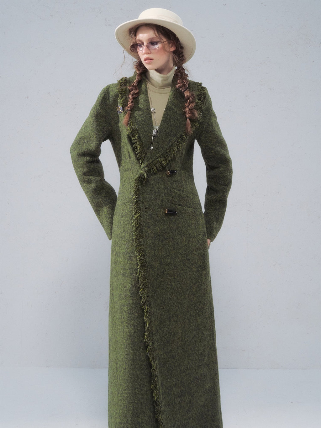 OfAkiva Vintage Slim Wool V-neck Drop Shoulder Single Breasted Women Long Coats