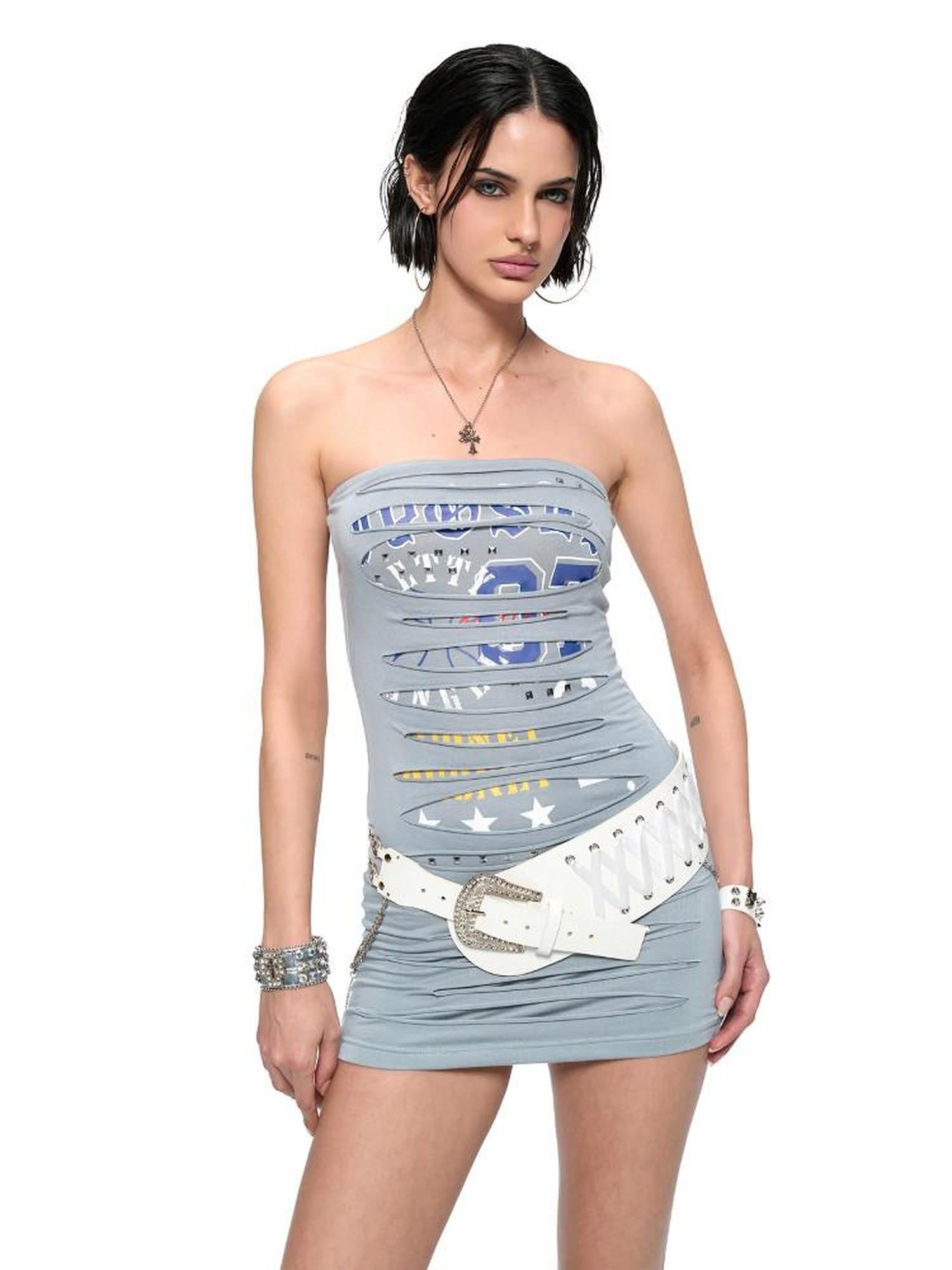 JYOSEI Cotton Stretch Strapless Patchwork Cinched Waist Casual Mini Dresses
