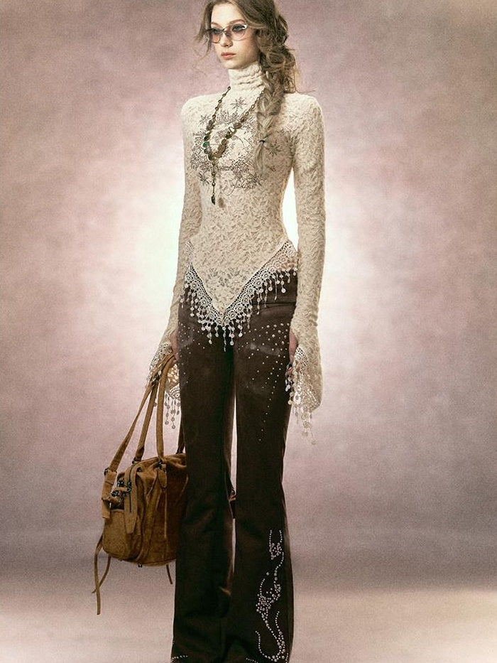 OfAkiva Rhinestone Embroidered Vintage Low Rise Slim Fit Casual Women Flared Pants