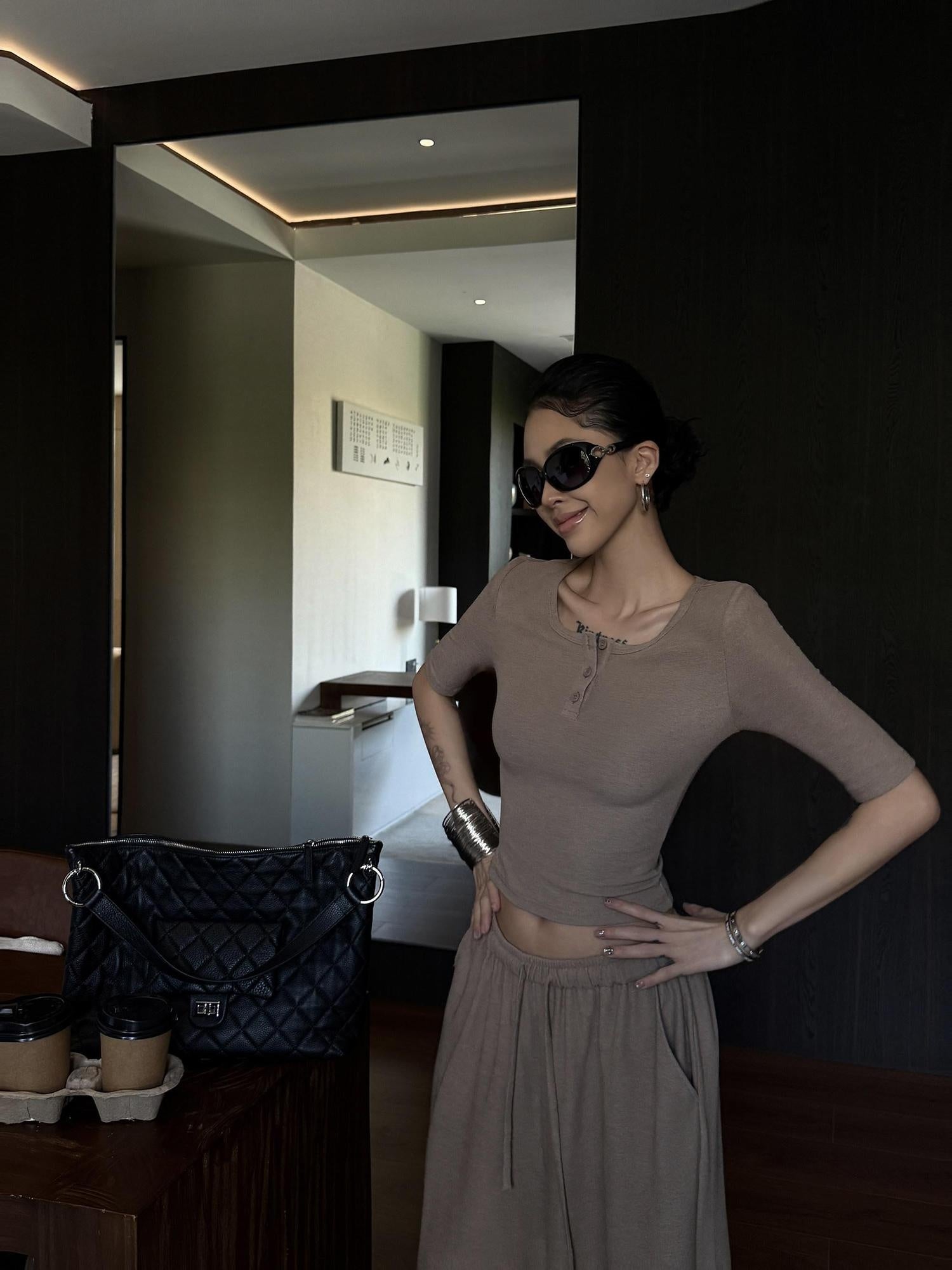 ZERO Soft Viscose Round Neck Long Sleeve Khaki Casual Women Pull On Top & Pants Sets