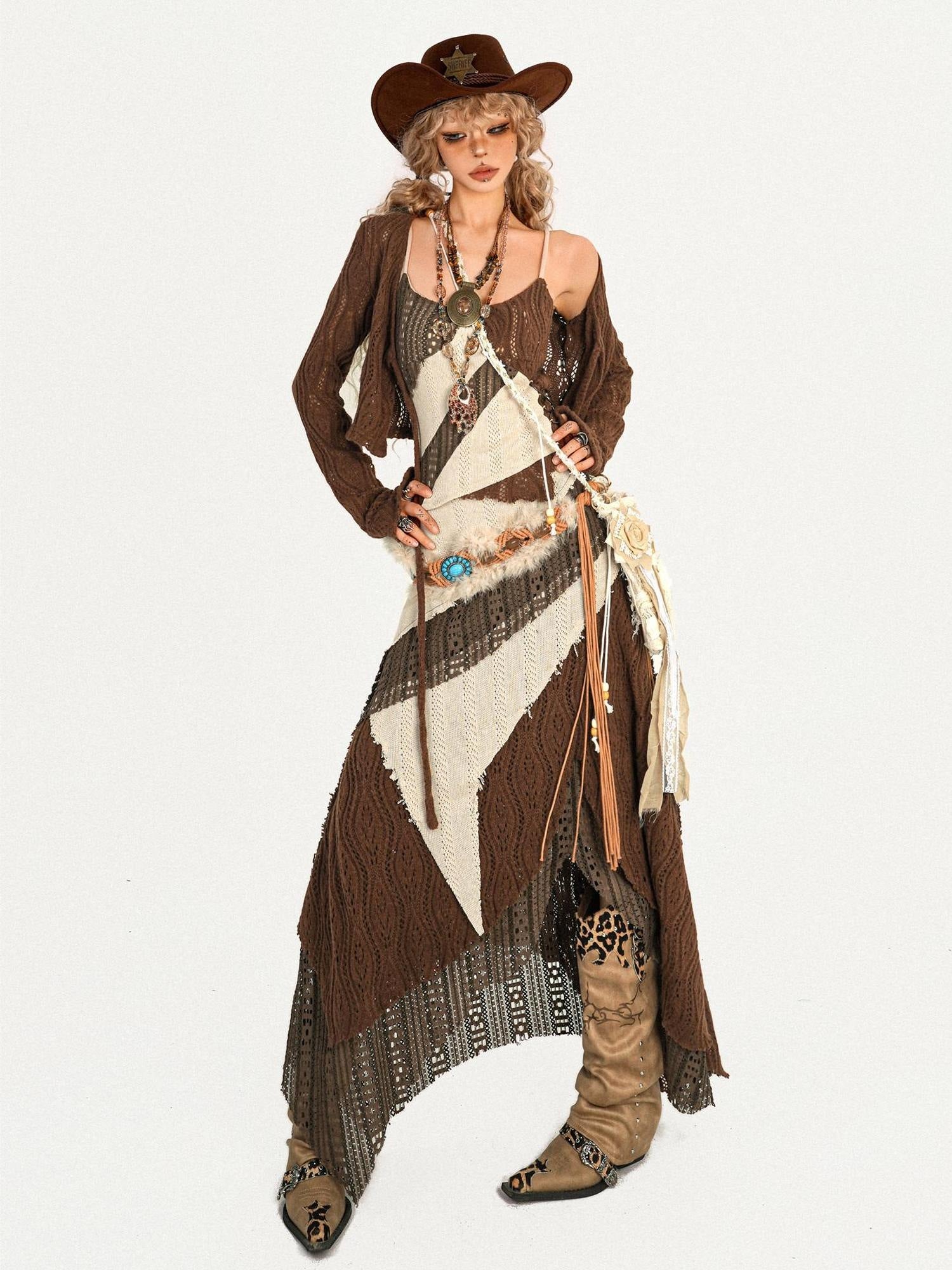 Nico Molly Fringed Knit Slim Fit Vintage Beige High Waist Casual Youth Top & Skirt Sets