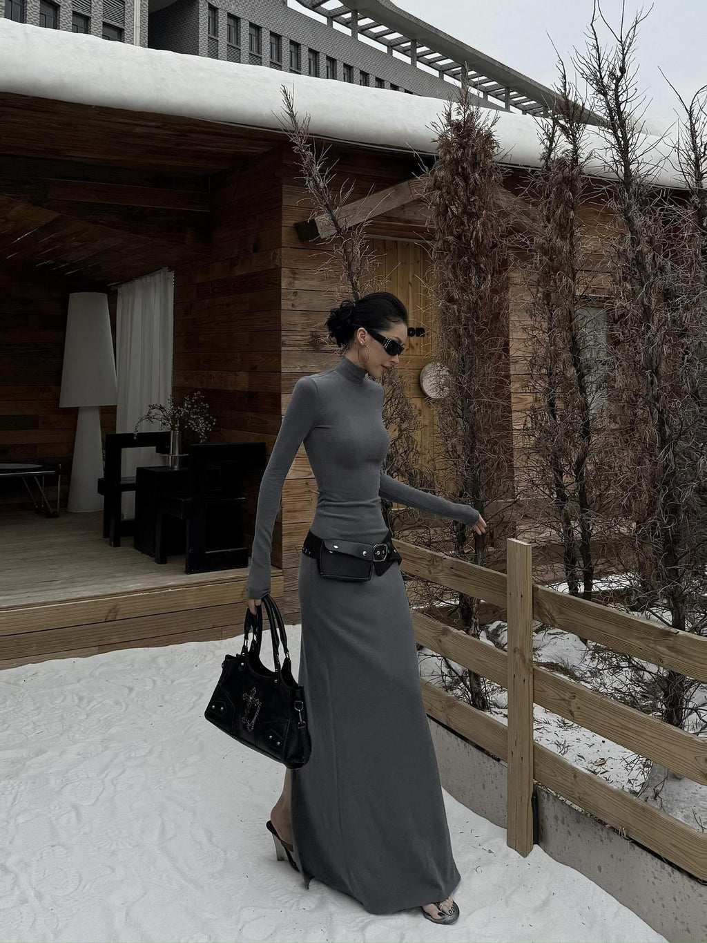 ZERO High Stretch Knit Slim Straight Turtleneck Long Sleeve Black Maxi Dresses