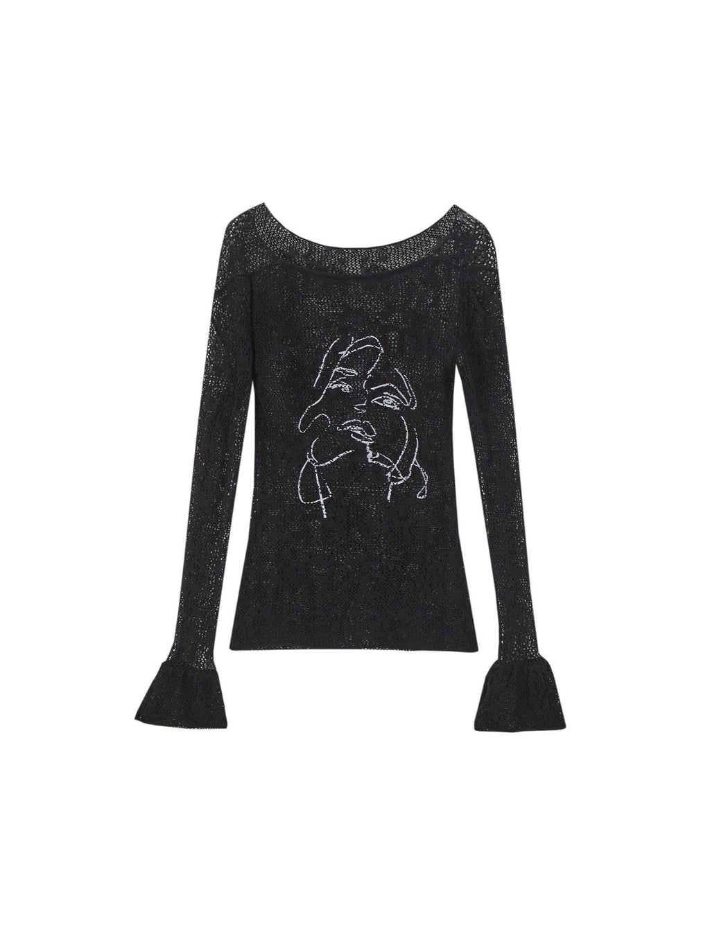 OfAkiva Chic Black Bell Sleeve Crew Neck Pullover Commuter Office Classic Knitwear