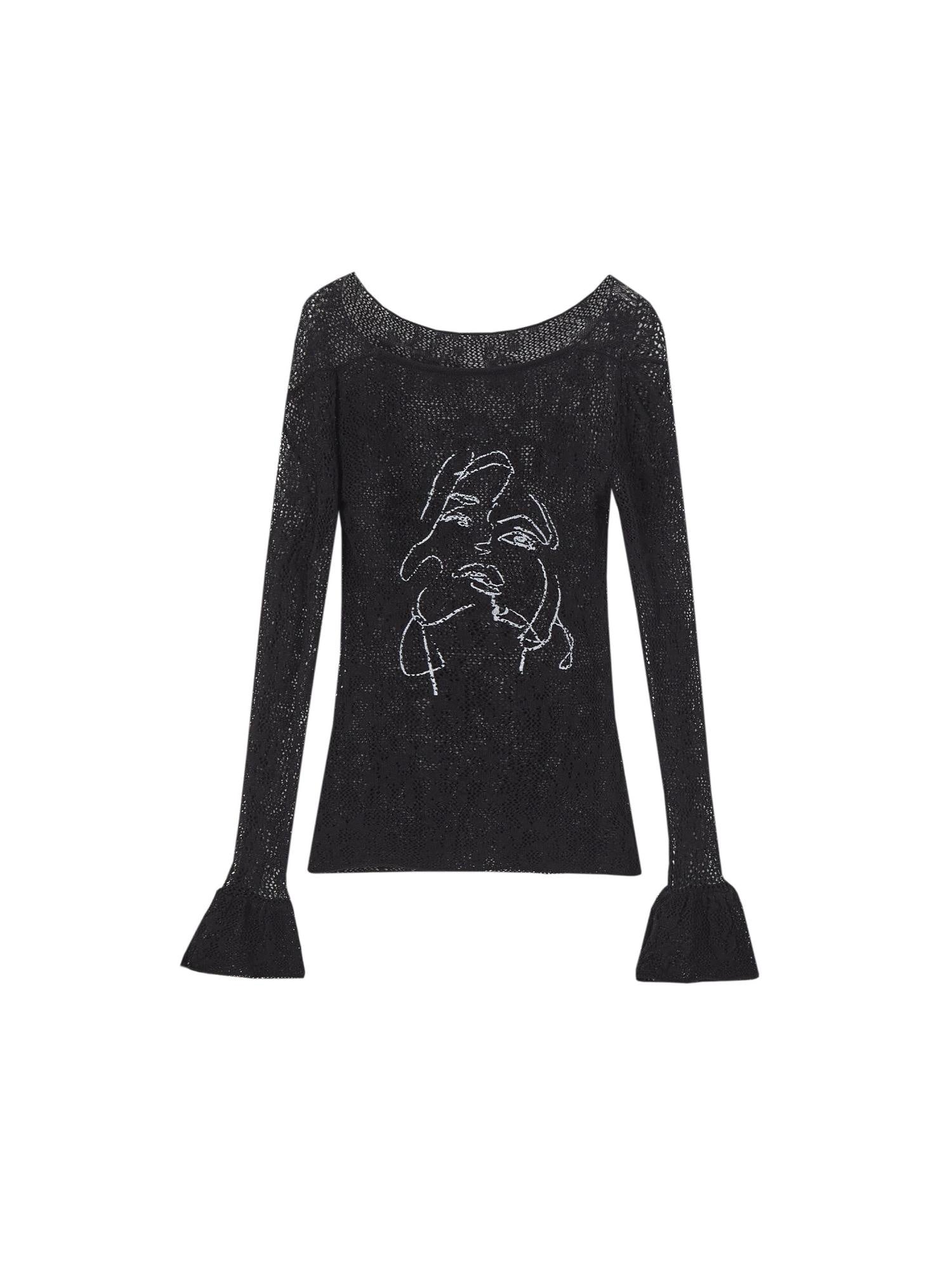 OfAkiva Chic Black Bell Sleeve Crew Neck Pullover Commuter Office Classic Knitwear