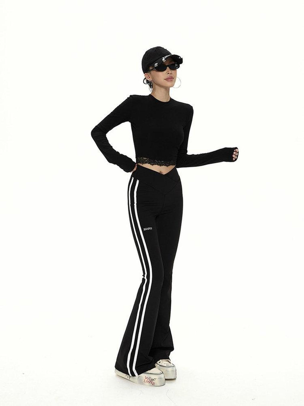 ZERO High Stretch Knit Micro Flared Street Sporty Women Striped Black Flared Pants