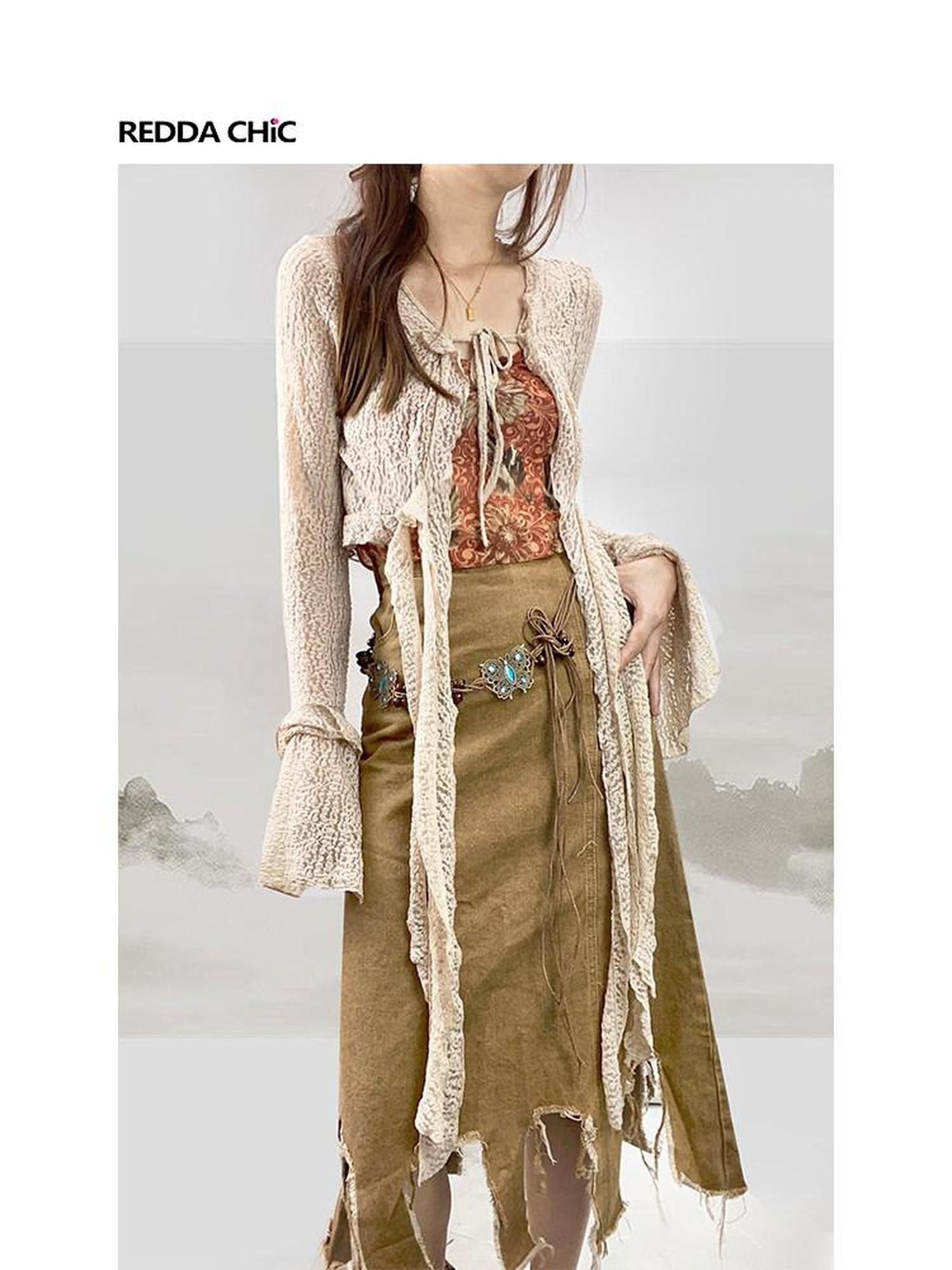 REDDACHIC Crochet Lace Tassel Asymmetric V-neck Tie Women'S Polyester Cardigans