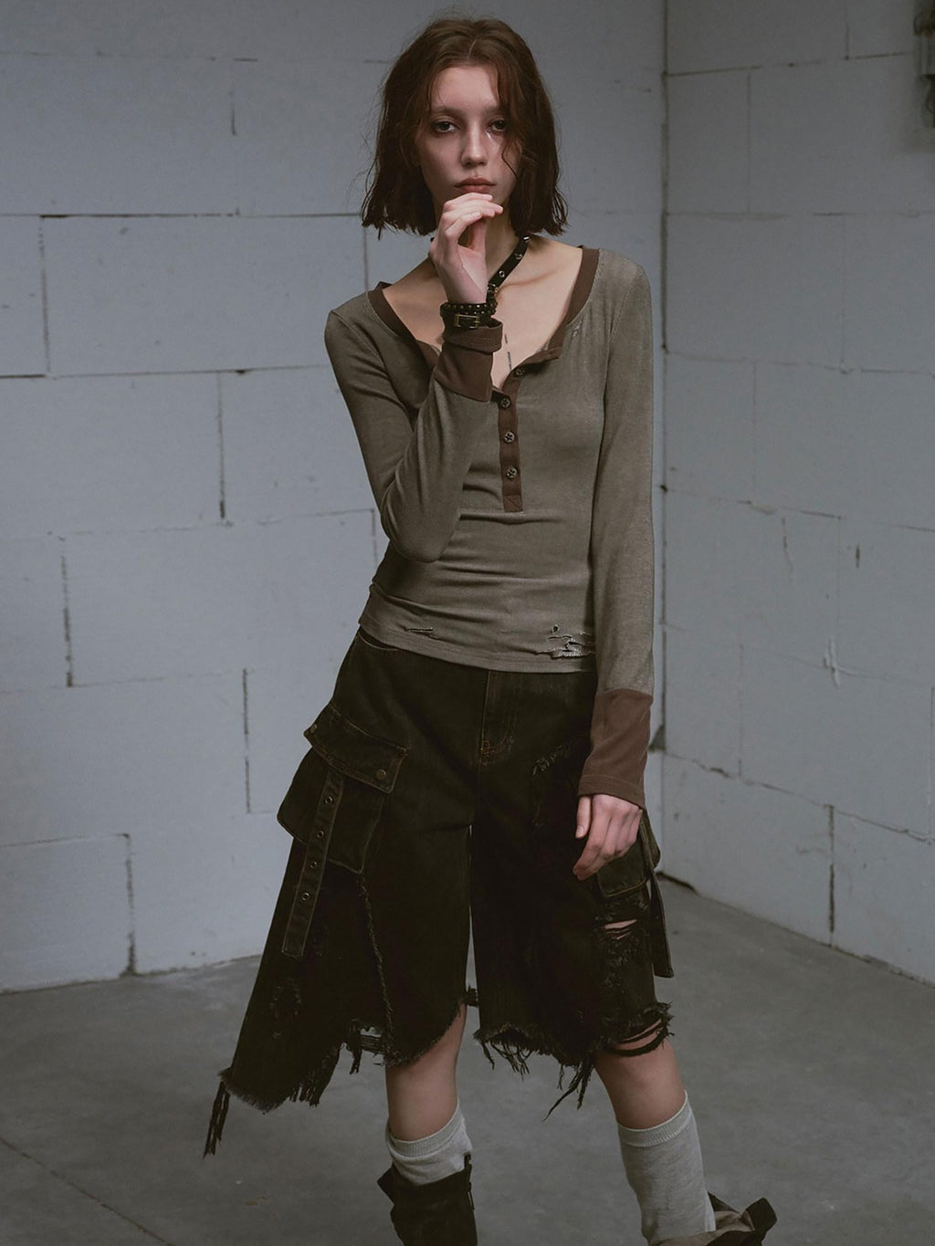 Cest Nous Ripped Patchwork Grunge High Waist Wide Leg Loose Cotton Washed Black Jeans
